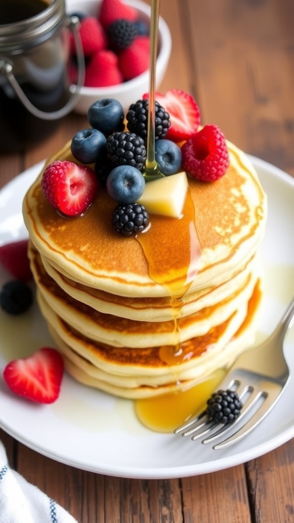 Fluffy coconut flour pancakes with berries and syrup on a white plate.